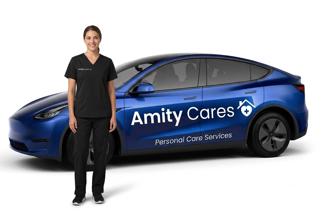 Amity Cares caregiver with branded vehicle serving the Dallas Metroplex